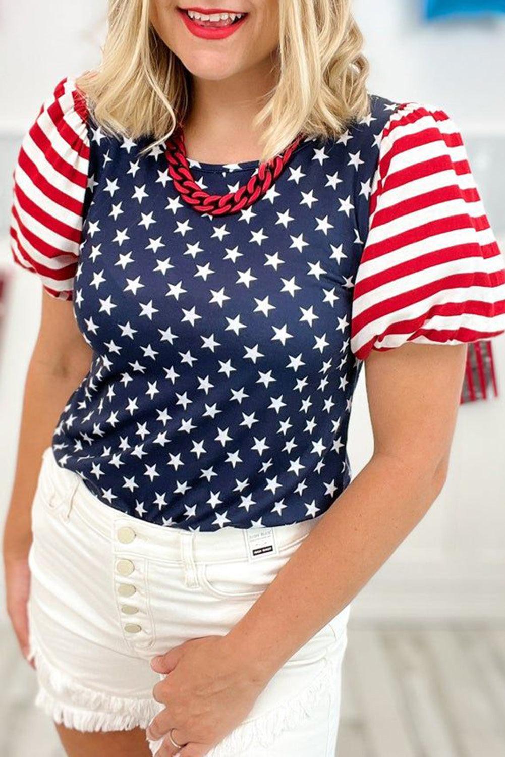 Navy Blue 4th Of July Stars & Striped Print T Shirt