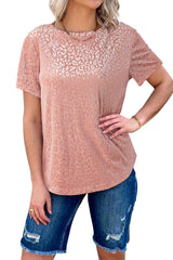 Pink Leopard Print Contrast Neckline Short Sleeve Blouse