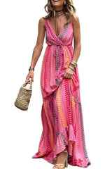 Wholesale Pink Boho Tassel Tie V Neck Wrapped Maxi Dress