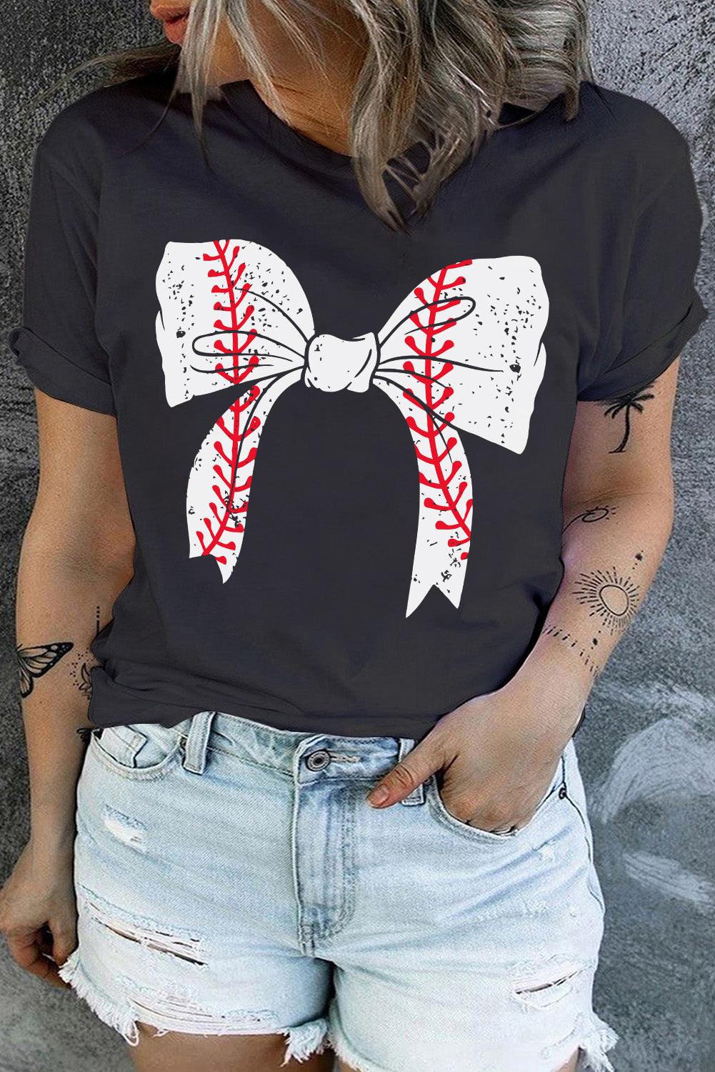 Black Baseball Bowknot Graphic Crewneck Plus Size T Shirt