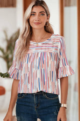 White Striped Abstract Print Ruffle Half Sleeve Blouse