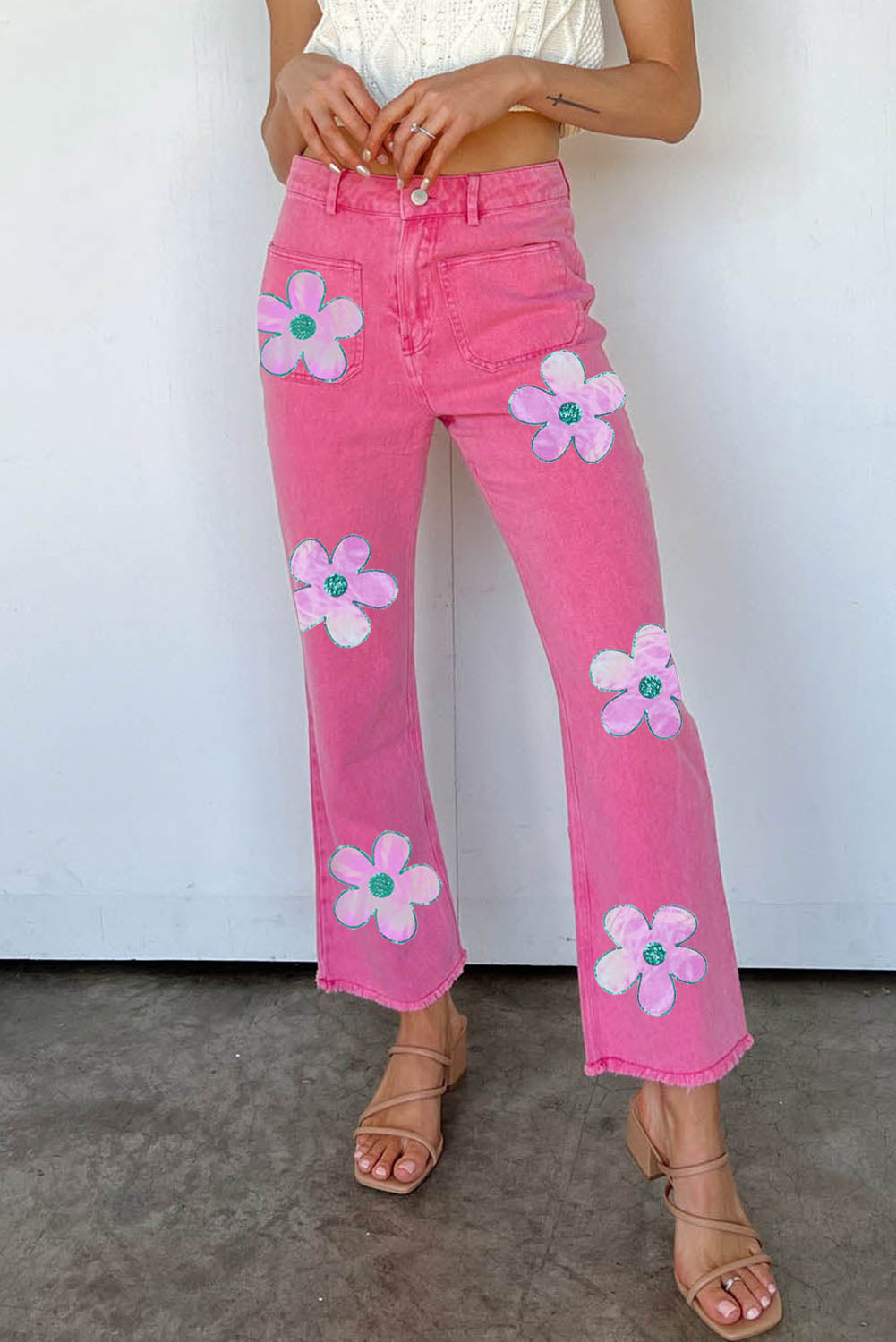 Pink Flower Patterns Raw Hem Flare Jeans