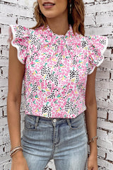 Pink Abstract Floral Print Flutter Sleeves Top