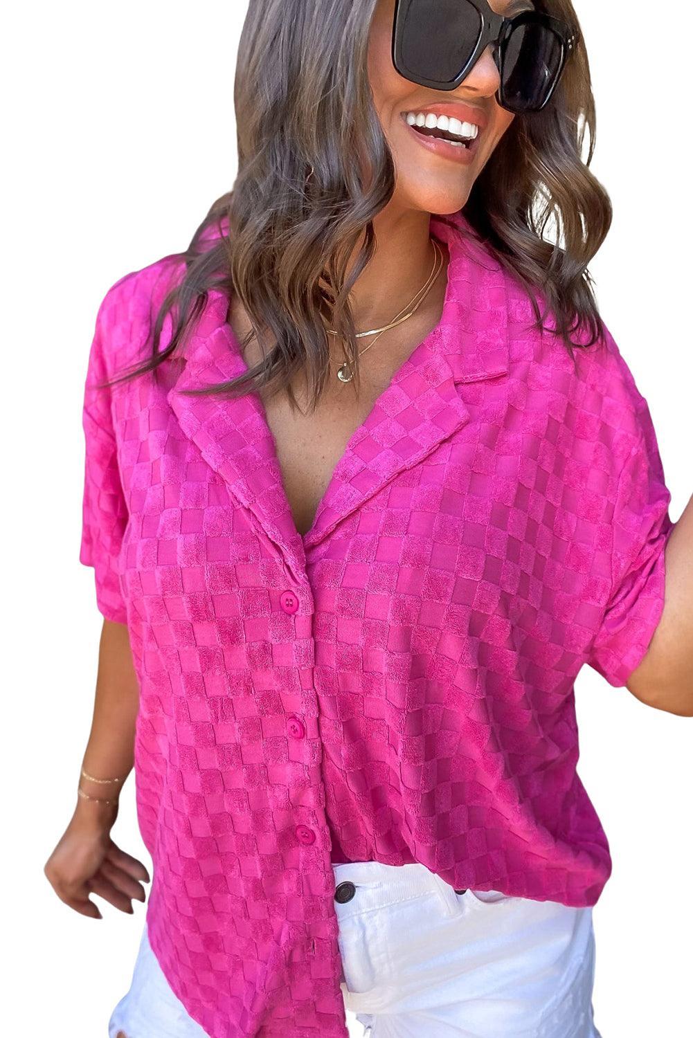 Bright Pink Lapel Neck Checkered Textured Shirt - Ninonine