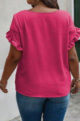 Bright Pink Ruffled Short Sleeve Plus Size Top - Ninonine