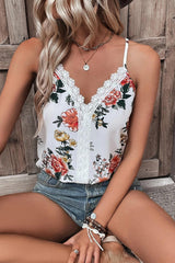 White Floral Print Lace V Neck Cami Top