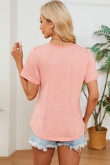 Fushia Solid Color Shirred Creweck Round Hem T-Shirt