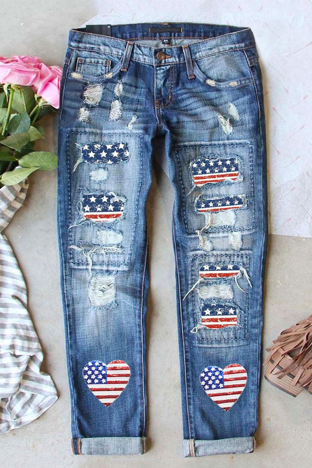 Sky Blue American Flag Print Ripped Graphic Jeans