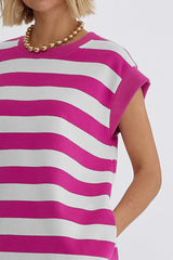 Rose Stripe Cap Sleeve Pocketed T-shirt Dress