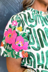 Blackish Green Abstract Floral Print Frilled Neck Puff Sleeve Blouse