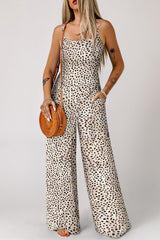 Khaki Leopard Print Spaghetti Strap U Neck Wide Leg Jumpsuit