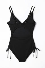 Black Adjustable Straps Ribbed Knit One Piece Swimsuit