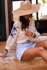 White Floral Embroidered Button Up Boho Blouse