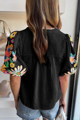 Black Floral Embroidered Puff Sleeve Split Neck Blouse