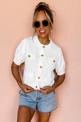 White Vintage Buttoned Pockets Knit Top