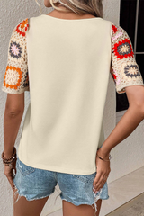 Parchment Hollowed Floral Crochet Sleeve Boho T Shirt
