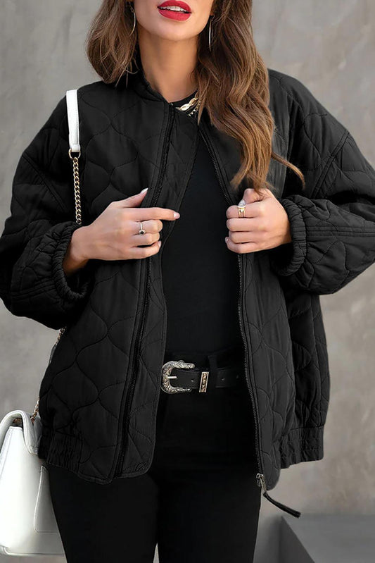 Black Solid Color Quilted Zip Up Puffer Coat