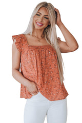 Orange Floral Print Smocked Neck Flounce Sleeveless Shirt