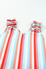 Multicolor Striped V Neck Ruffle Straps Sleeveless Shirt