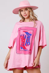 Pink Boots Card Graphic Oversized Round Neck T Shirt