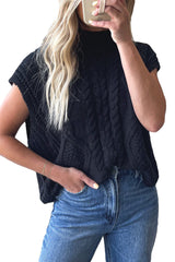 Black Solid Color Dolman Sleeve Twist Cable Knit Top