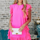 Bright Pink Ruffle Trim Short Sleeve Mini Dress