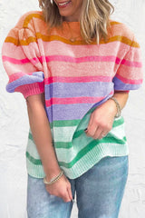 Rose Red Colourful Stripe Bubble Sleeve Gradient Knit Top
