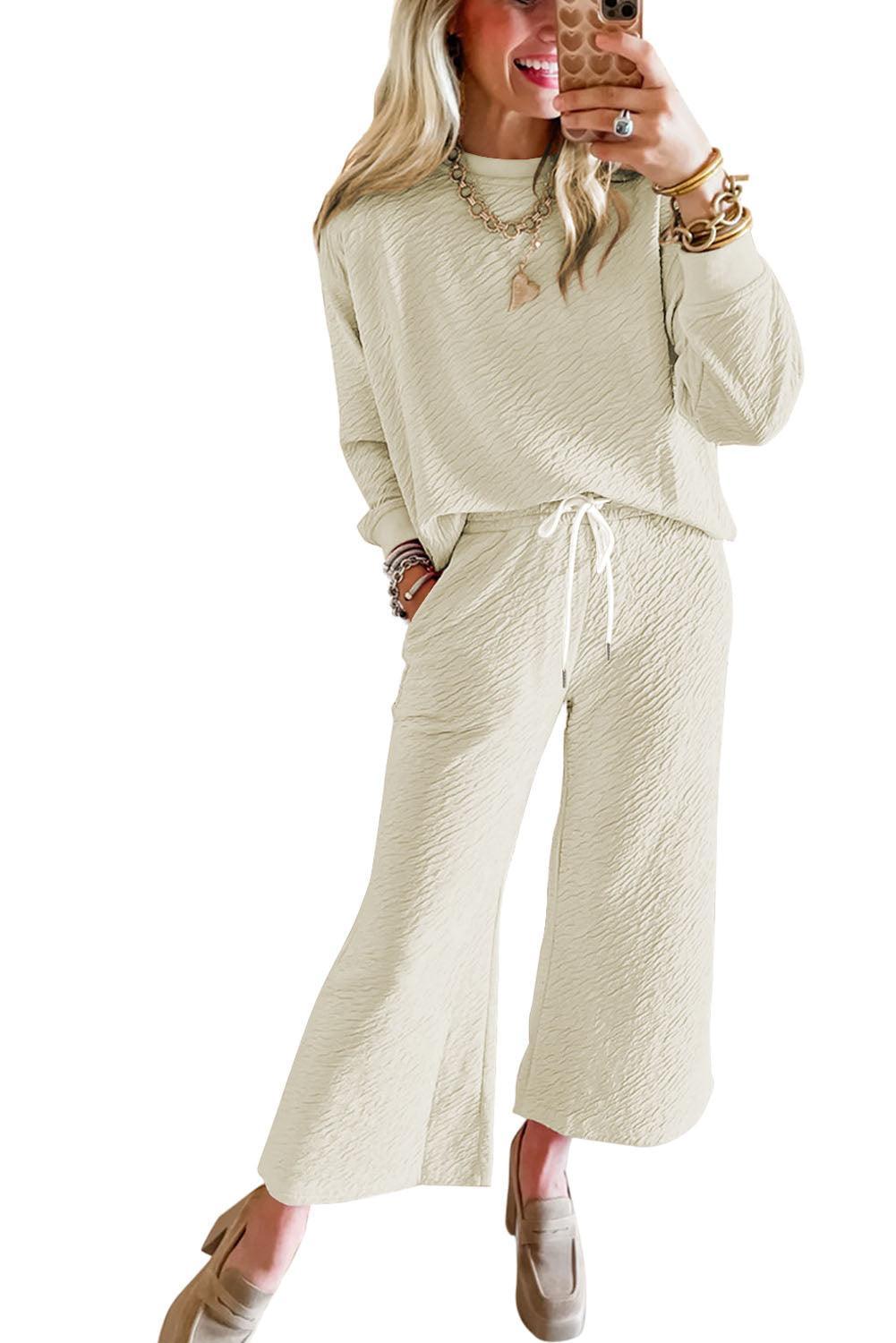 White Solid Color Textured Long Sleeve Top and Pants Set - Ninonine