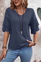 Sail Blue Solid Color V Neck Layered Sleeve Loose T-Shirt