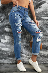Sky Blue American Flag Print Ripped Graphic Jeans
