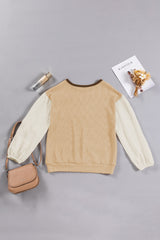 Smoke Gray Textured Patchwork Crew Neck Puff Sleeves Top