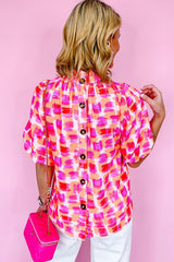 Pink Abstract Print Button Back Frill Neck Blouse