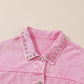 Pink Rivets Pocketed Cropped Denim Jacket