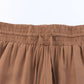 Brown Casual Drawstring Shirred Elastic Waist Wide Leg Pants