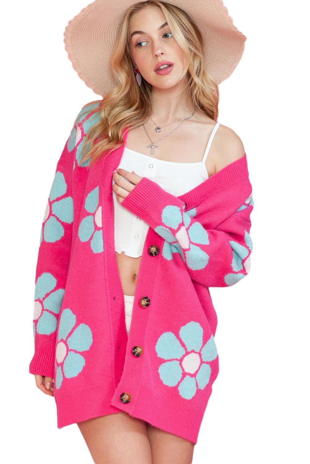 Pink Floral Pattern Drop Shoulder Button Up Cardigan - Ninonine