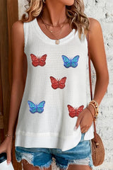 White Waffle Knit Sequin Butterfly Graphic Tank Top