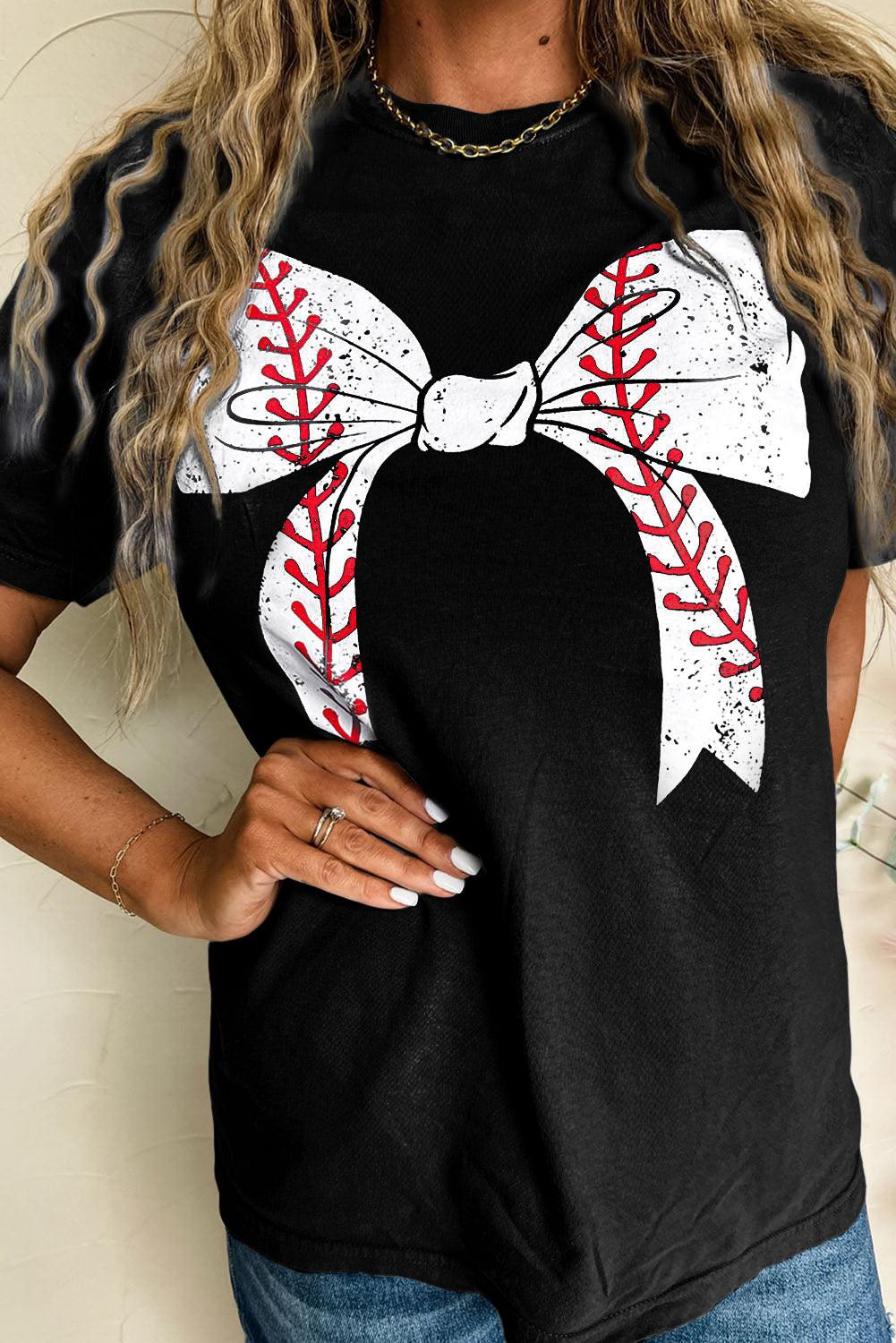 Black Baseball Bowknot Graphic Roll Up Sleeve Tee