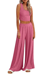 Pink Textured Sleeveless Crop Top and Wide Leg Pants Outfit