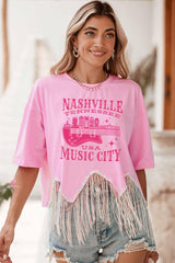Pink NASHVILLE MUSIC CITY Graphic Sequin Fringed Hem Tee - Ninonine
