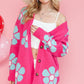 Pink Floral Pattern Drop Shoulder Button Up Cardigan