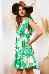 Green Floral Print V-Neck Ruffle Hem Ruched Empire Waist Dress - Ninonine