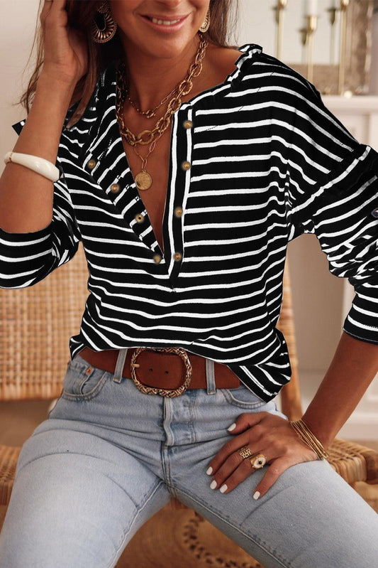 Black Striped Snap Button Casual Long Sleeve Henley Shirt