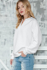 White Quilted V-Neck Solid Color Long Sleeve Top - Ninonine