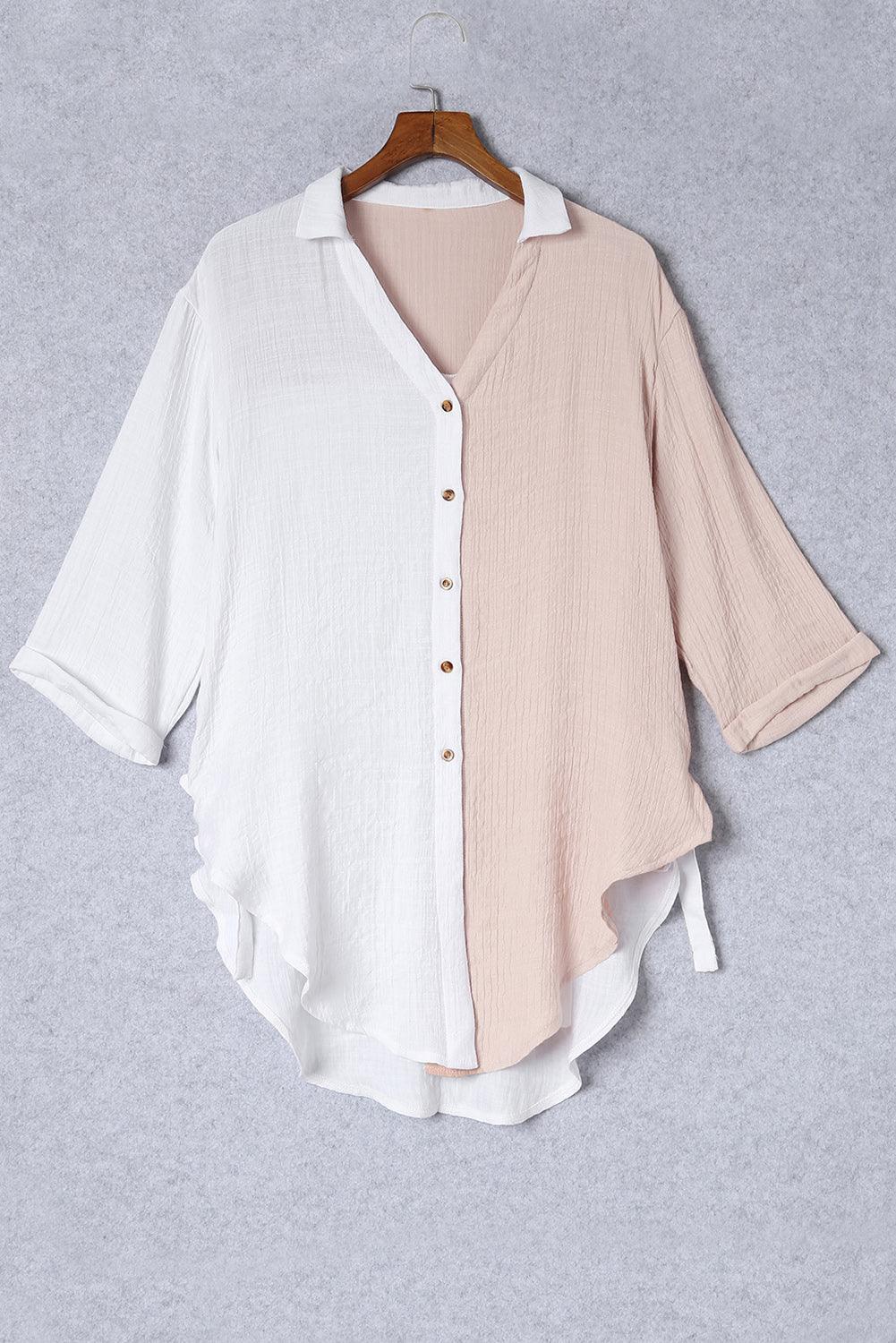 White Colorblock V Neck Collared Side Slits Shirt - Ninonine