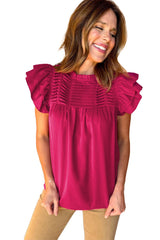 Rose Red Ruched Frilled Neck Ruffle Blouse