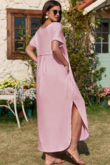 Pink Solid Color Hidden Pocket V Neck Slit Maxi Dress - Ninonine