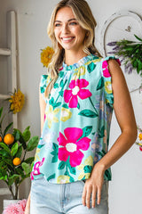 Green Floral Print Ruffle Trim Sleeveless Shirt