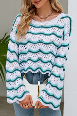 Green Wave Stripe Knit Hollow Out Long Sleeve Top