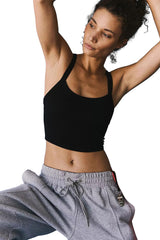 Black Solid Color Athletic Ribbed Cropped Cami Top