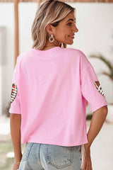 Pink Sequined Rugby Fringe Hem Cropped T Shirt